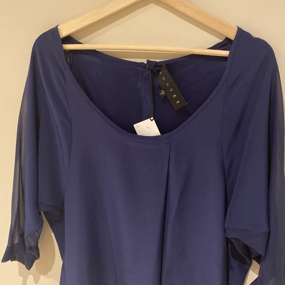 Annyee Navy Blue 100% Silk Blouse Tunic Back Buttons Size S/M - Picture 3 of 11